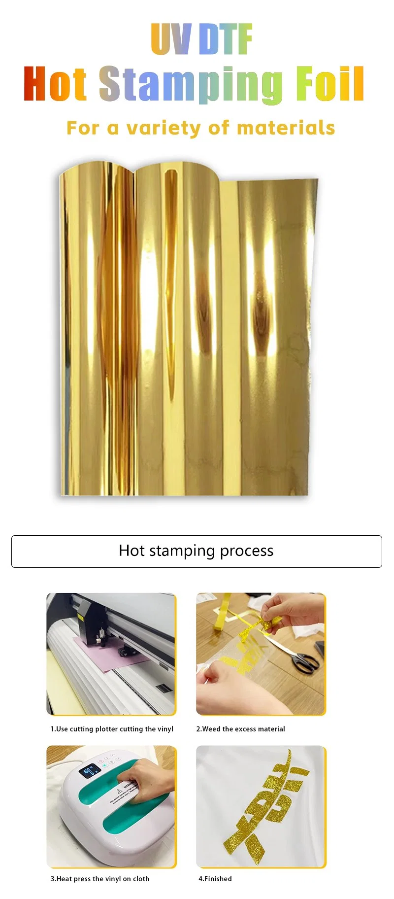UV Dtf Hot Stamping Foil Holographic Film Htv Heat Transfer Film PVC Adhesive Lettering Film Gold Silver