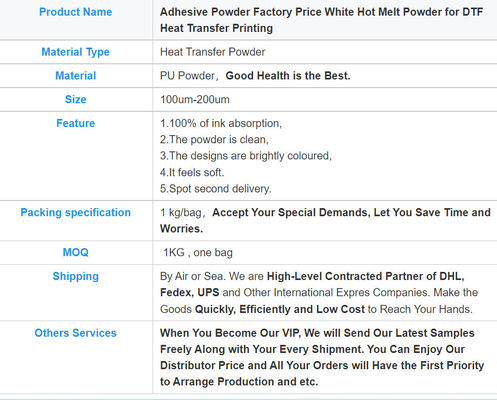 1kg Hot Melt Adhesive Powder With High TPU Purity For Dtf Printing